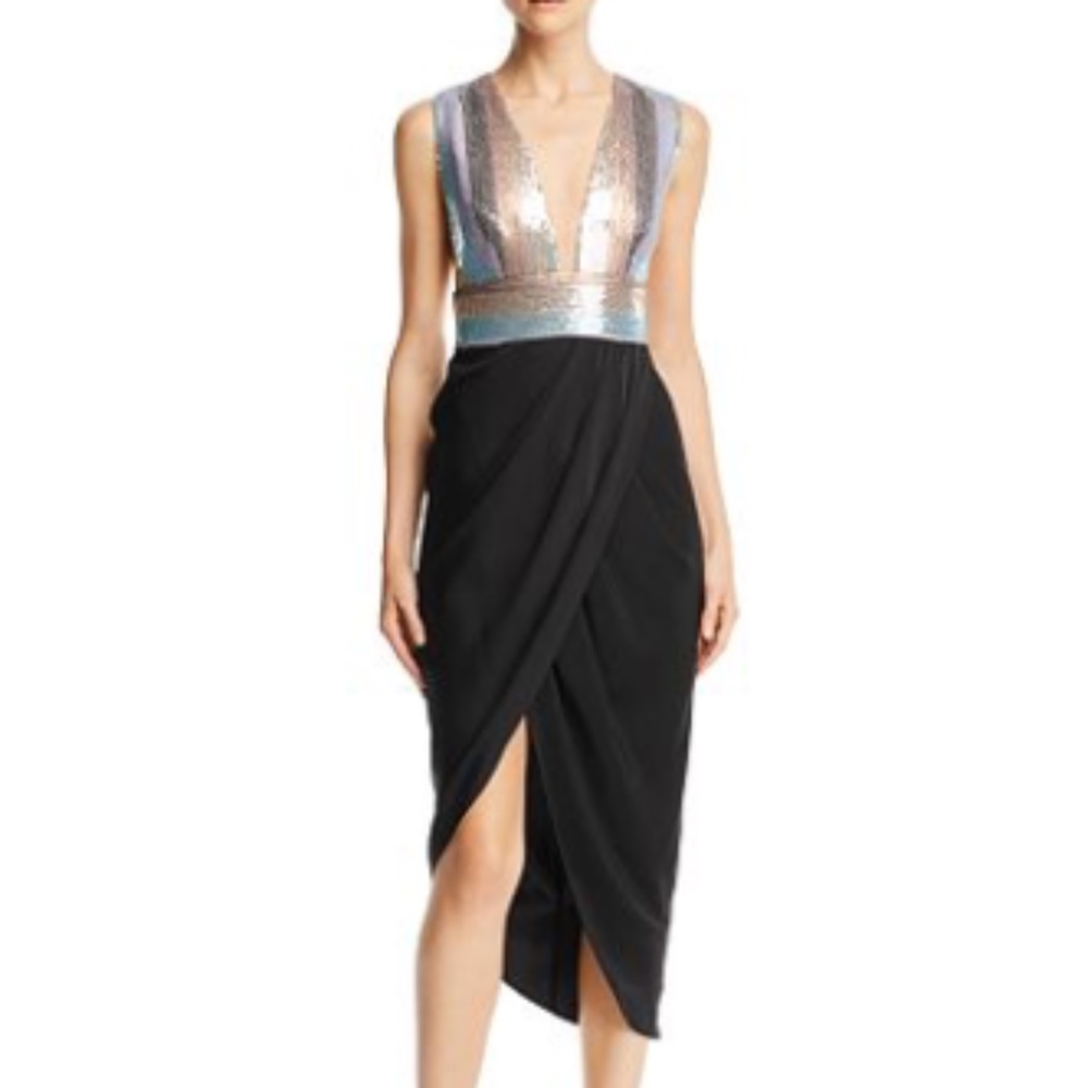 Black Draped Midi Dress with Metallic Bodice